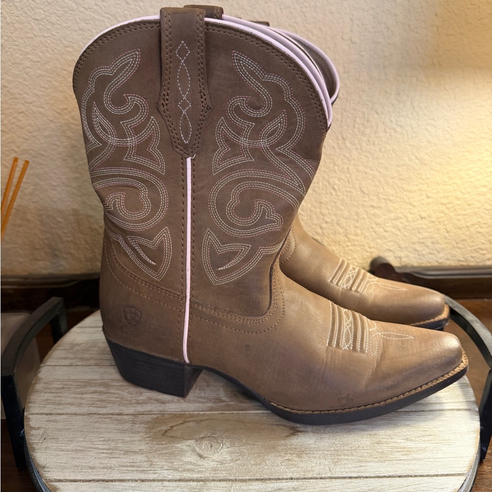 Ariat Tan Leather Boots with Pink & White Stitching - Picture 2 of 15